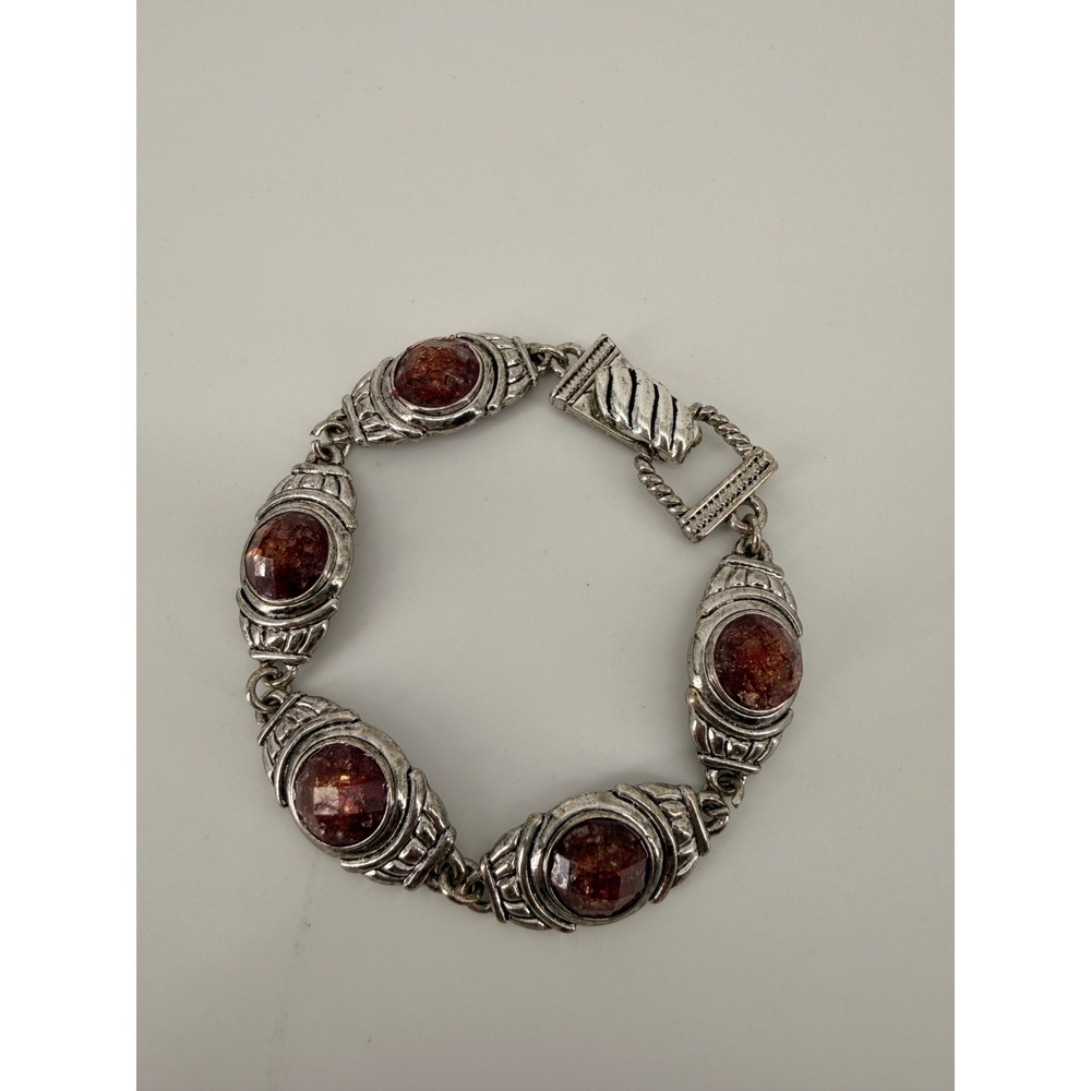 Silver Tone Amber Cabochon Link Bracelet Magnetic Clasp Vintage Style Statement